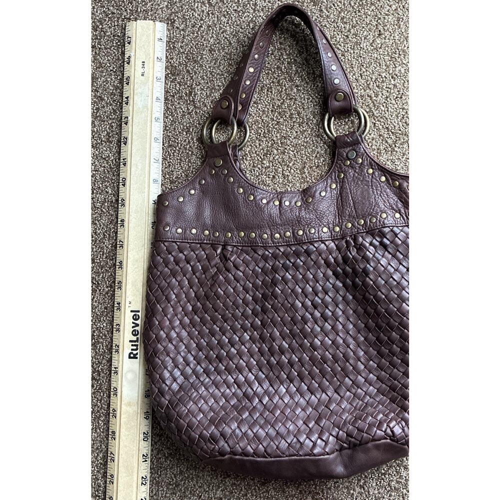 Vintage Brown Leather Basketweave Slouchy Studded Hobo Peasant Chic Dble Strap - Picture 4 of 7